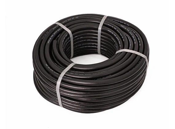 A roll of black fuel transfer rubber hose with ties
