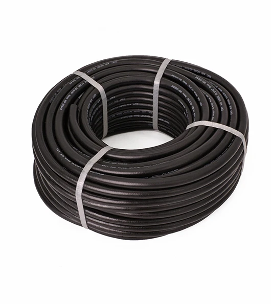 A roll of black fuel transfer rubber hose with ties