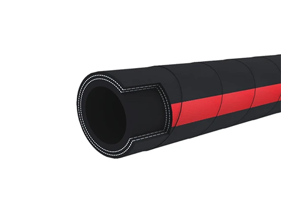 A petroleum tank truck rubber hose with a red label and a partial cross-section